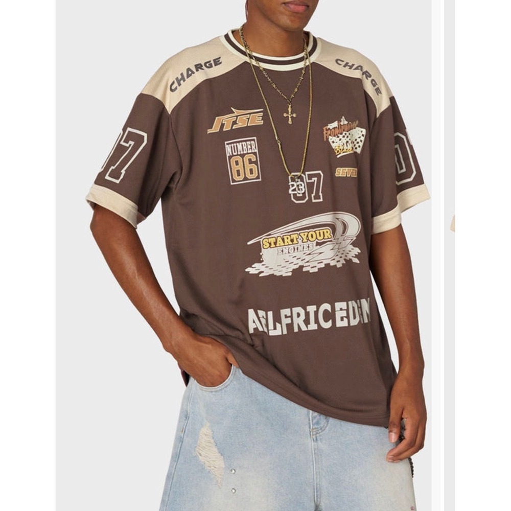 Aelfric Eden Racing Jersey Graphic Tee Streetwear Y2K Racing Mens Large Brown